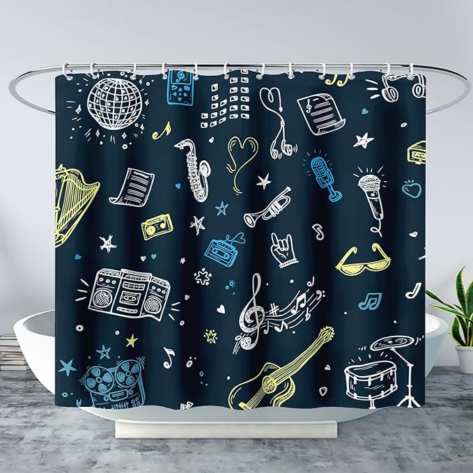 AILONEN Graffiti Note Music Shower Curtain,Hip Hop Music Art Bath Curtain Minimalist Bathroom Curtain 72" W*84" H Polyester Waterproof Bathroom Curtain with 12 Hooks