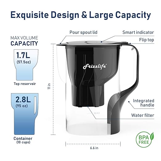 Frizzlife Water Filter Pitcher, Large 10 Cup Purifier with Filter Life Remind, Long Lasting, Adjustable Filtration Speed, Reduces Chlorine, Heavy Metals, Fluoride, Bad Taste & Odor, Dark