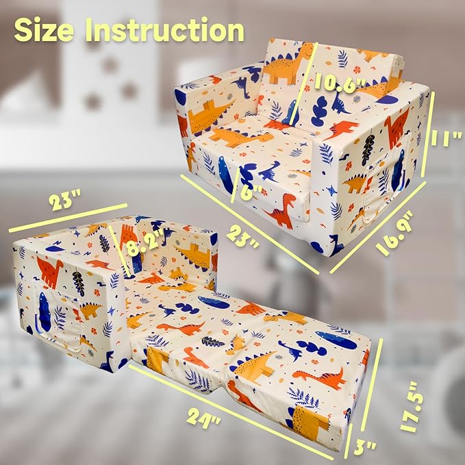 Kid Couch, Children's 2 in 1 Convertible Sofa to Lounger, Extra Soft Flip Open Chair Sofa Bed, Cute Star/Dinosaur Print Toddler Chair for Kids Girls Boys (Grass Dinosaur, Medium)