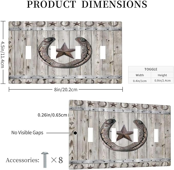 Rustic Western Wood Barn Door Horseshoe Iron Star Quad Toggle Light Switch Covers 4 Gang Wall Plate Decorative Switchplate Electrical Faceplate for Farmhouse Country Bedroom Decor