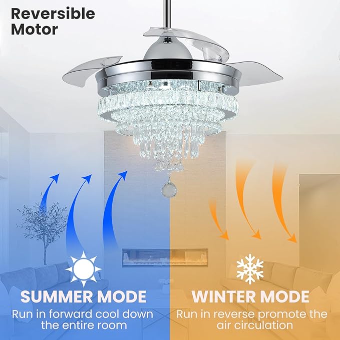 LEONTYNE 42" Modern Fandeliers Chandelier Ceiling Fan LED Dimmable Crystal Ceiling Fan with Light and Remote 6 Speed 3 Blades Retractable Fans for Bedroom Living Dining Room