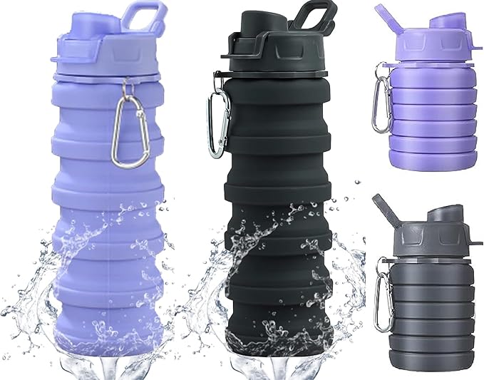 Collapsible Water Bottle, Foldable Cup,500Ml Collapsible Sport Water Bottle Bpa Reusable Travel Water Bottles For Hiking Biking Running Outdoor Gym (Gray(B)+Purple(B))