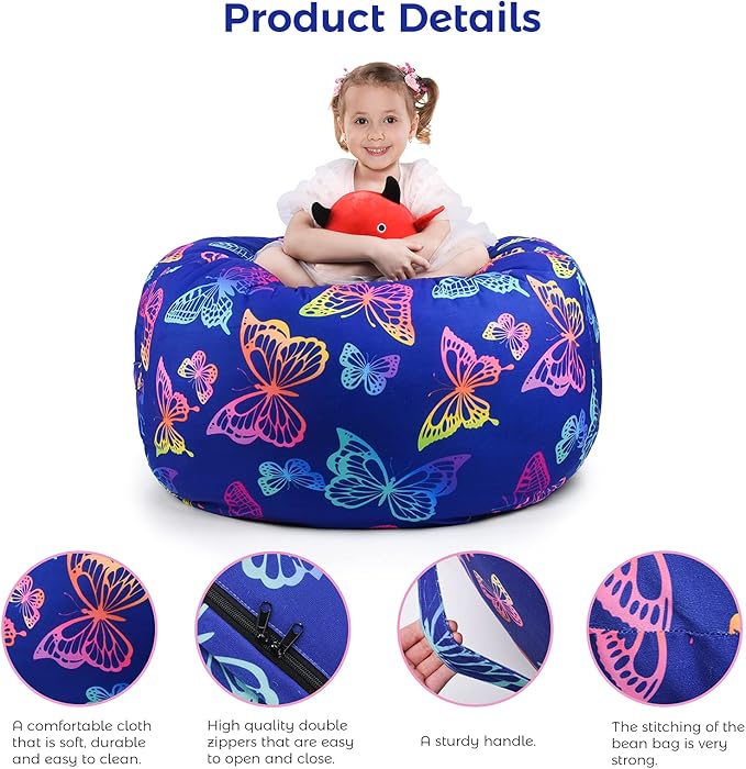 KABOER Bean Bag Cover for Kids,200L Stuffed Animal Storage Bean Bag Chair Cover |Stuffable Zipper Beanbag for Organizing Children Soft Plush Toys (32x29inch)