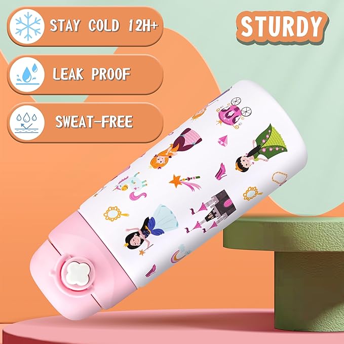 Kids Insulated Water Bottle with Covered Pop-Up Straw,16oz Kids Cups with Stainless Steel Leak Proof for School Boys Girls（4-Princess）