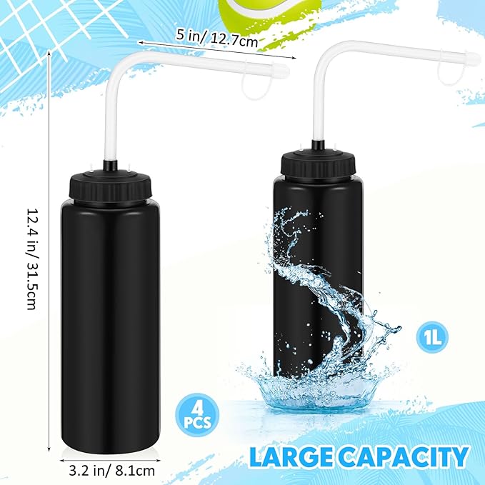 Domensi 4 Pack 1 Liter Sports Water Bottle W/Long Straw Hockey Lacrosse Water Bottle with Straw BPA Free Easy Squeeze Plastic Use W/Sport Helmet in Football Baseball Gym Yoga(Black)