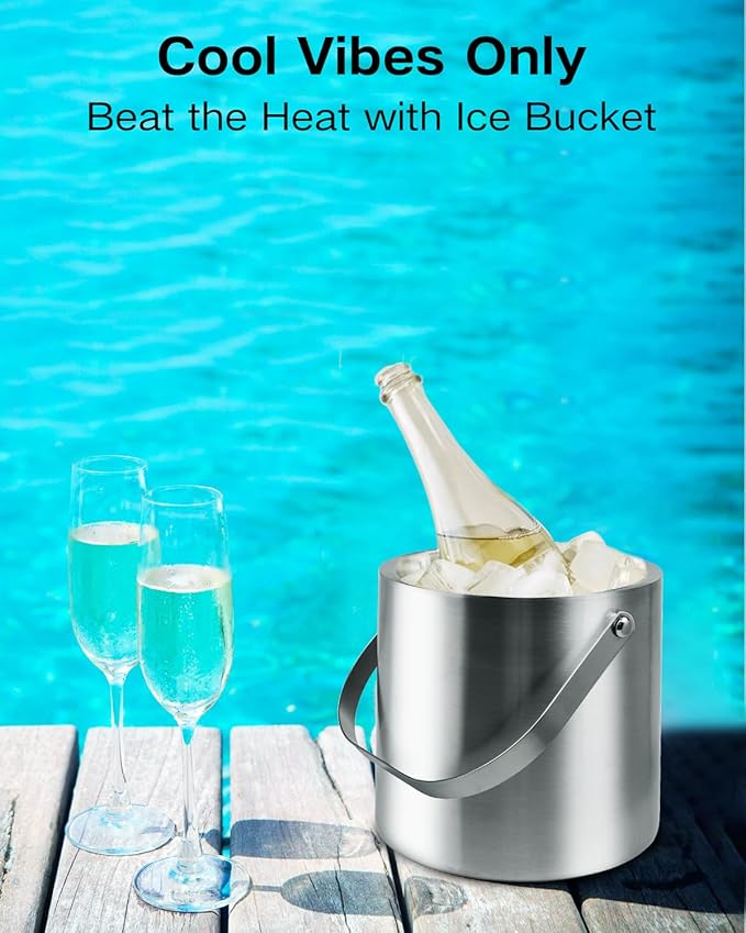 3L Double Wall Ice Bucket with Silicone Lid, Tongs & Strainer, Insulated Ice Buckets for Parties & Cocktail Bar,[Silicone Lid for Longer Ice] Large Wine Bar Bucket Stainless Champagne Chiller