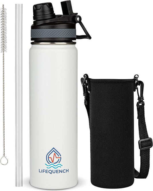 Insulated Water Bottle with Straw and Handle 22 oz-Stainless Steel Water Bottles with Straw, Dual Cap Function & Sleeve, Keeps Drinks Hot Up to 12 Hours & Cold Up to 24 Hours (White)
