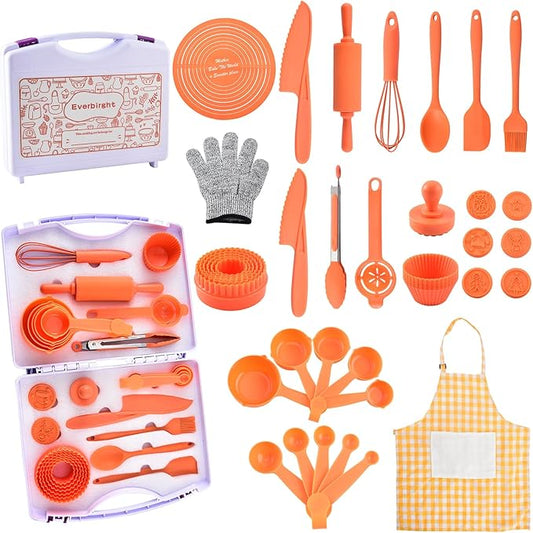 Cooking Set for Kids, 46 Piece Real Cooking Kids Baking Set with Organizer Carrying Case Girls, Kitchen Tools Kids Knife Set for Kid, Toddler, Gift, Toys