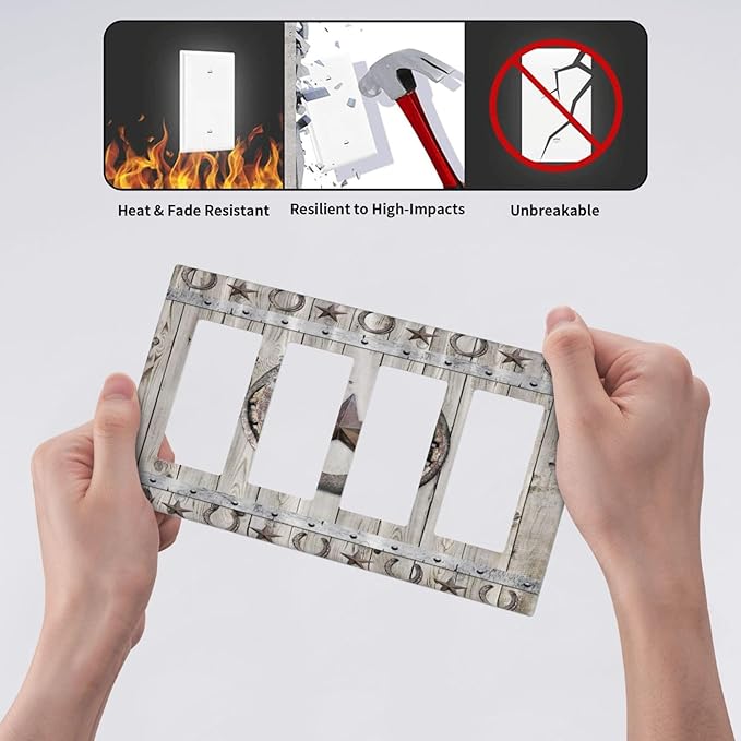 Rustic Western Wood Barn Door Horseshoe Iron Star 4 Gang Rocker Decora Light Switch Cover Outlet Covers Wall Plate Decorative Switchplate Electrical Faceplate GFCI for Farmhouse Bedroom Decor