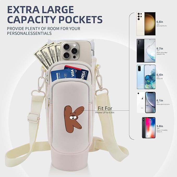 Water Bottle Carrier Bag with Phone Pocket for Stanley 40 oz Tumbler Neoprene Water Bottle Holder Pouch with Adjustable Strap Bollus with Straw Cover & Carabiner for Stanley Cup Accessories