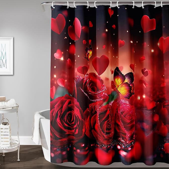 AILONEN 3D Rose Shower Curtain for Bathroom, Red Rose Hearts Print Bath Curtain,Romantic Rose Flower Shower Curtain Decoration Waterproof with 12 Plastic Hooks, 48" W*72" H