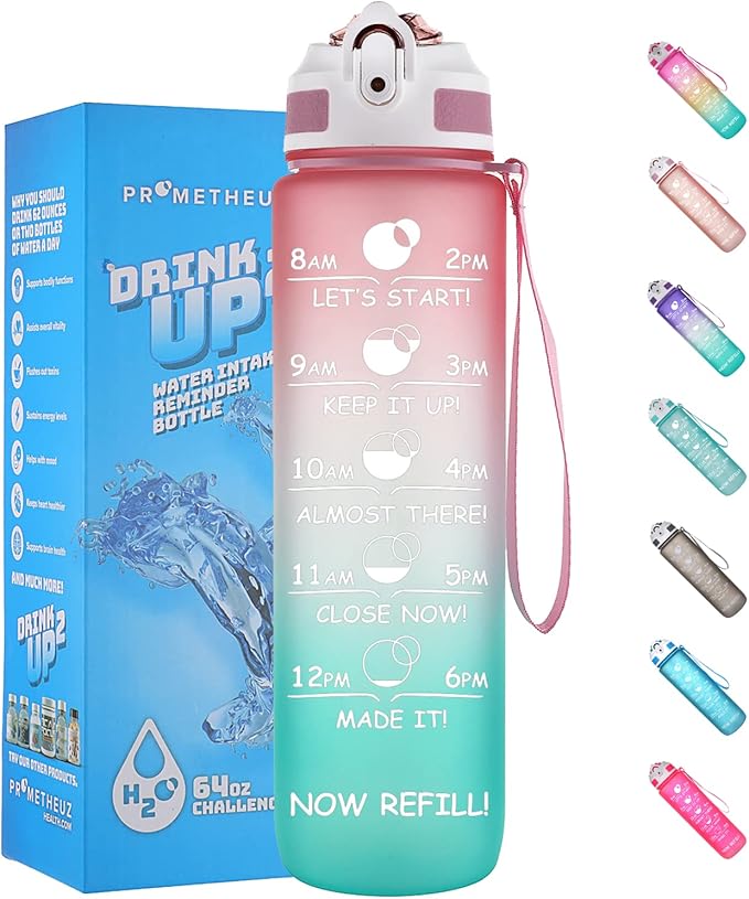Prometheuz 32oz Water Bottle with Straw, Motivational Water Bottle with Time Marker, Water Bottles Leakproof & BPA-Free for Sports, Work and Fitness Rose Mint