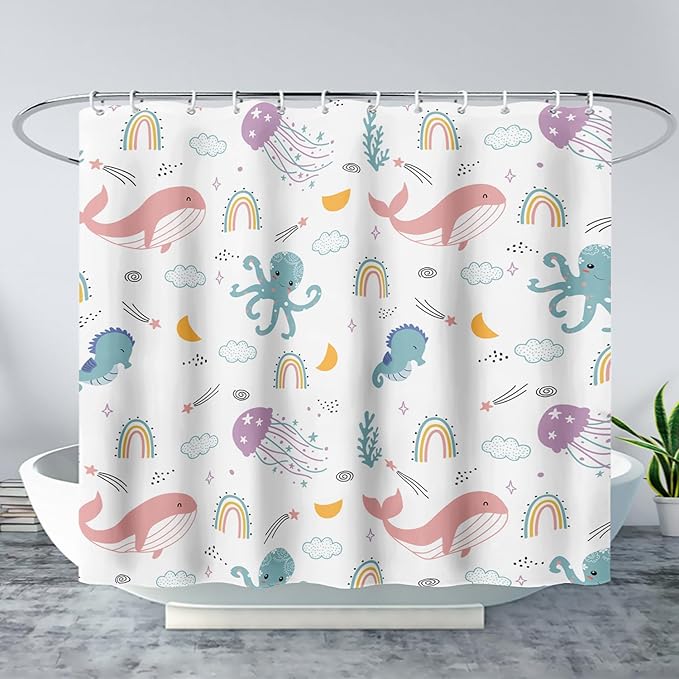 AILONEN Cartoon Dolphin Shower Curtain for Kids 72" W*72" H Inch,Cute Seahorse Rainbow Octopuses Shower Curtain,Ocean Life Theme 12 Pack Hooks Polyester Waterproof Fabric Decor for Bathroom
