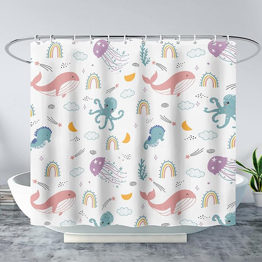 AILONEN Cartoon Dolphin Shower Curtain for Kids 72" W*96" H Inch,Cute Seahorse Rainbow Octopuses Shower Curtain,Ocean Life Theme 12 Pack Hooks Polyester Waterproof Fabric Decor for Bathroom