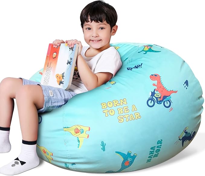 Lukeight Stuffed Animal Storage Bean Bag Chair Cover for Kids, Dinosaur Zipper Beanbag Chair Cover for Organizing Toddler and Kids' Rooms Plush Toys (Dino Blue, Large)