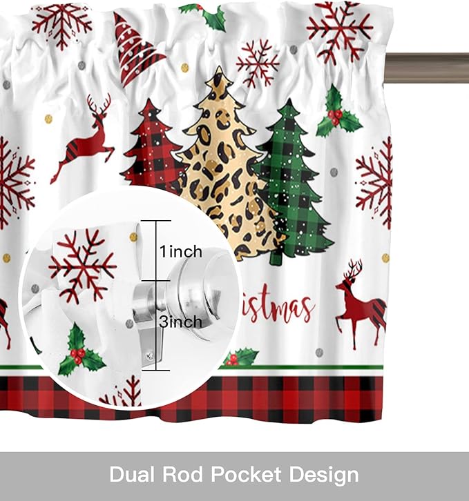 Merry Christmas Kitchen Curtains Valances for Windows Farm Christmas Tree Buffalo Plaid Leopard Rod Pocket Window Treatment for Kitchen/Living Room/Bedroom/Bathroom,42" X 12" -1 Panel, Holiday Decor