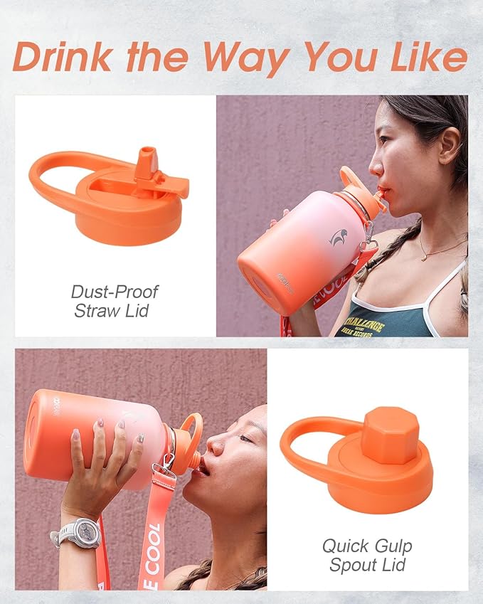 Coolflask 64 oz Water Bottle with Straw, Half Gallon Insulated Large Water Jug with Straw & Spout Lids, Double Wall Stainless Steel Metal Flask, Keep Cold 48h Hot 24h, Sunny Orange