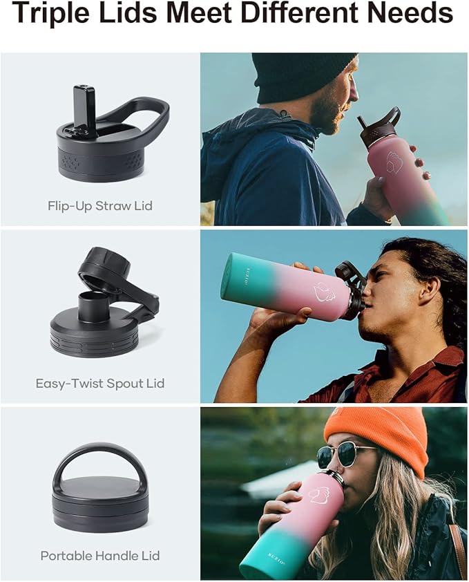 BUZIO Water Bottle with Straw lid, Spout Lid, Hand Lid and Carrying Pouch, 32oz 40oz 64oz Stainless Steel Water Flask Jug, Cold for 48 Hrs Hot for 24 Hrs Double Vacuum Thermo Canteen Mug, BPA-Free