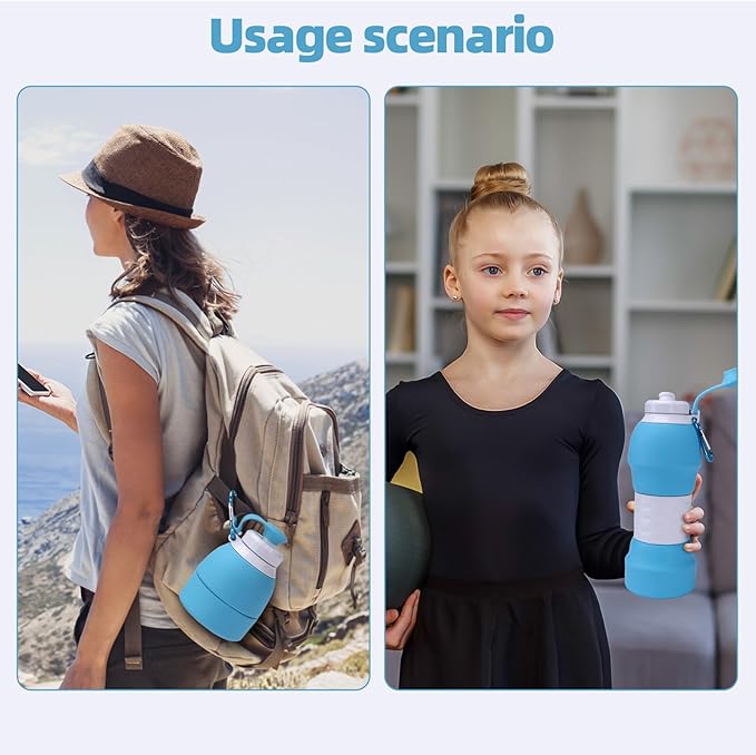 Collapsible Water Bottle, 19.6oz Leakproof Foldable BPA Free Silicone Reusable Sports Bottle, Portable Refillable Bottles with Carabiner, Ideal for Travel Hiking Outdoor Camping Gym (Blue)