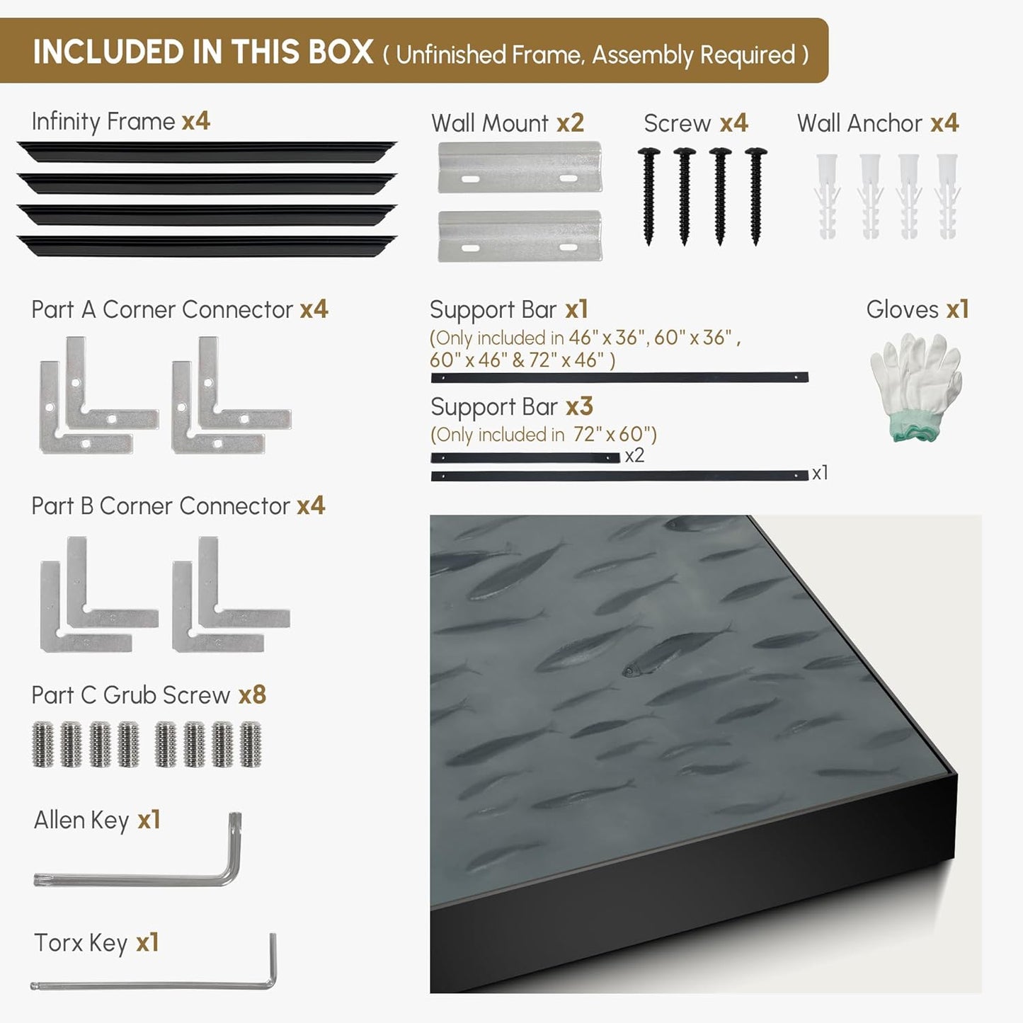 SIGNWIN 46"x60" Extra Large Framed Wall Art Gray School of Fish Minimalist Ocean-Inspired Marine Life Illustration for Home Living Room Bedroom Decor (Frame Assembly Required)