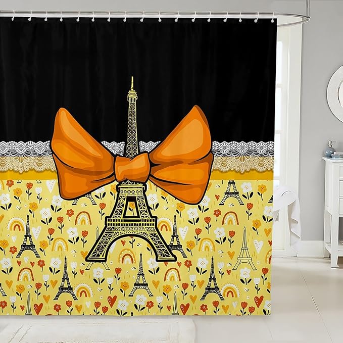 Feelyou Eiffel Tower Shower Curtain 72"x78" Kids Romantic Paris Bowknot Bathroom Shower Curtain Set for Boys Girls Teens Black Yellow Bath Curtain Modern French Bathroom Accessories