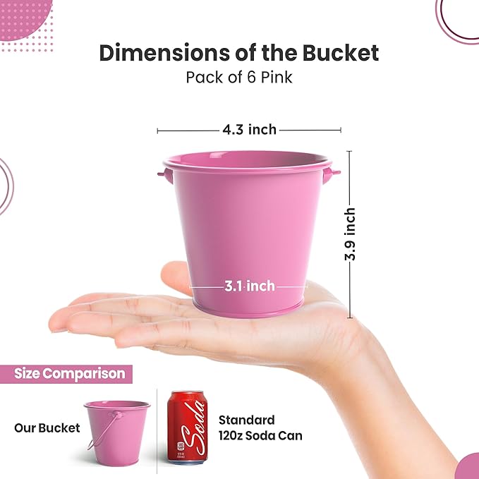 Small Metal Buckets with Handle 6 Pcs – Galvanized Bucket Leak Proof & Rust Resistant 20 fl oz Capacity - Best for Party Décor, Organizing & Decorating Classrooms (Pink, Small 4.3" Top)