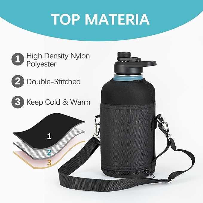 Water Bottle Holder Carrier Bag Crossbody with Adjustable Shoulder Strap, 64 128 oz Sports Water Bottle Sleeve Accessories for Biking Hiking Travelling Camping, Black