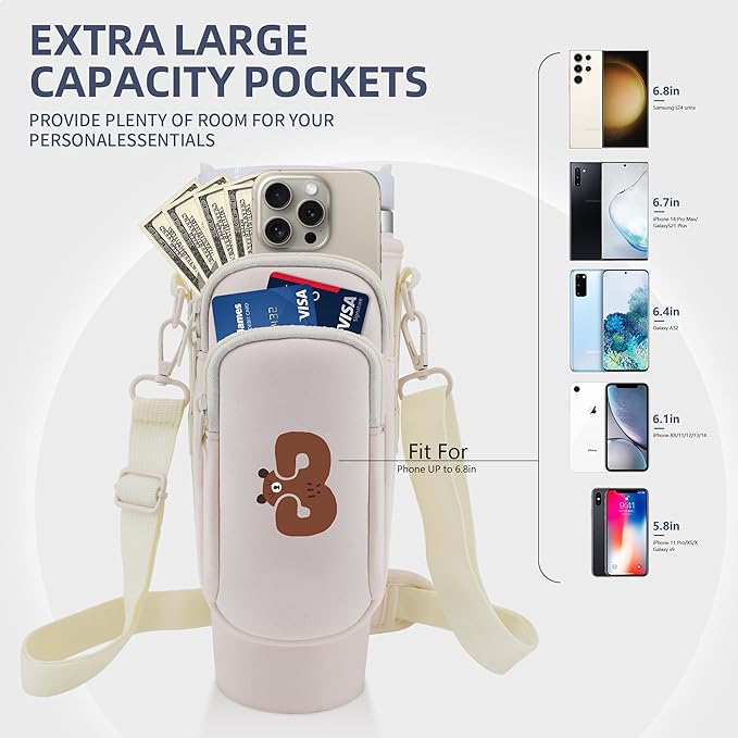 Water Bottle Carrier Bag with Phone Pocket for Stanley 40 oz Tumbler Neoprene Water Bottle Holder Pouch with Adjustable Strap Bollus with Straw Cover & Carabiner for Stanley Cup Accessories