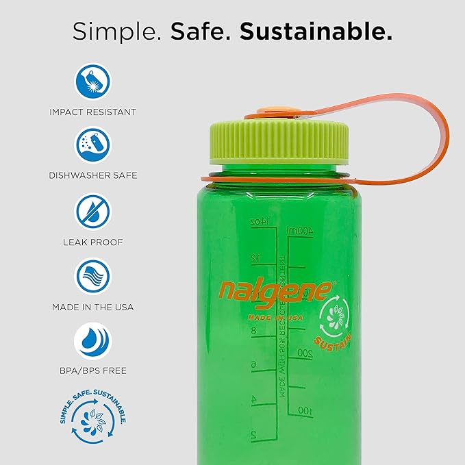 Nalgene Sustain Tritan BPA-Free Water Bottle Made with Material Derived from 50% Plastic Waste, 16 OZ, Wide Mouth , Melon Ball Sustain
