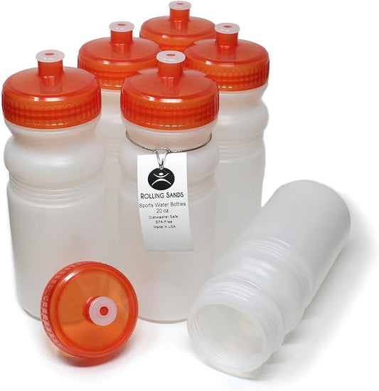Rolling Sands 20 Ounce Sports Water Bottles 6 Pack, BPA-Free, Made In USA, Dishwasher Safe, Clear Frost Bottles/Orange