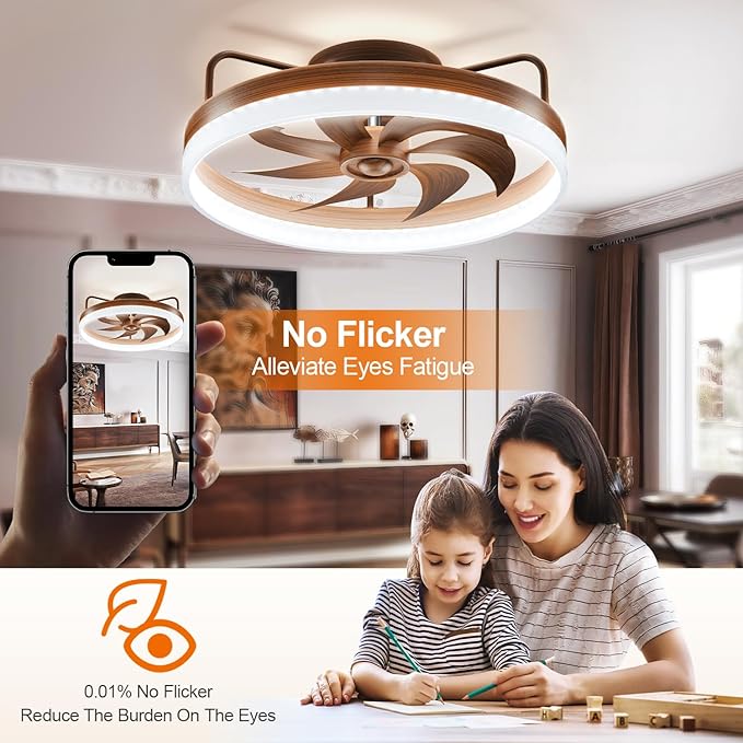 KDZ Low Profile Ceiling Fans with Lights and Remote, 20'' Bladeless Fandelier Ceiling Fans with Remote App, 3000-6000K Color Temperature Flush Mount Wooden Ceiling Light with 6 Speeds For Bedroom