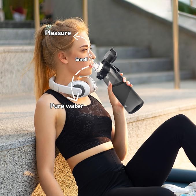 Water Bottle,650ml Water Bottle,Water Bottle with Flavor Pods,Leak Proof Sports Water Cup with Straw,Water Bottle Suitable for Outdoor Sports(Black)