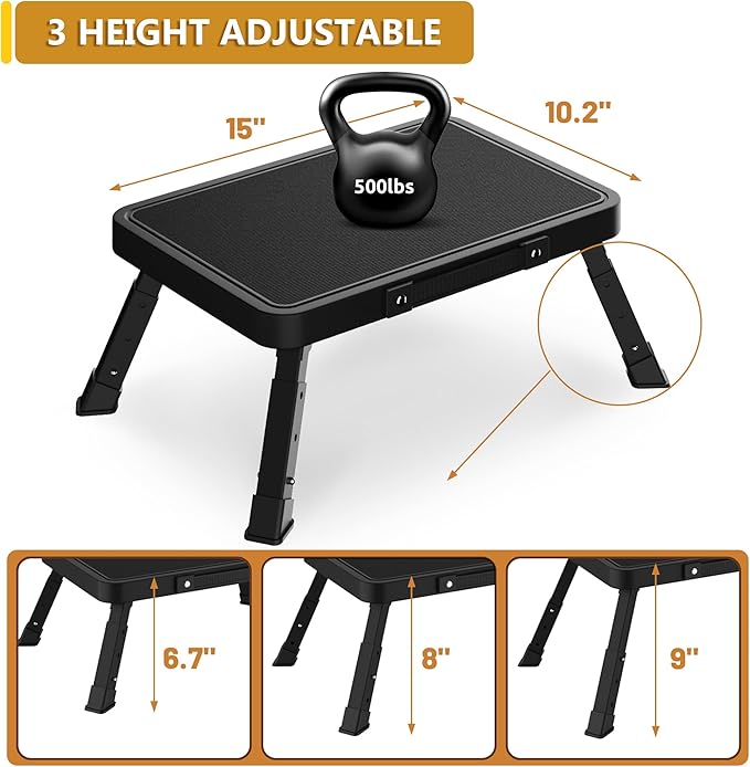 Folding Step Stool for Adults Kids, Heavy Duty Height-Adjustable Foldable Stepping Stool with Non-Slip Platform,Collapsible Foot Step Stool for Bathroom Bedroom Kitchen RVs with 500 LBS Capacity,Black