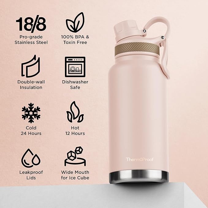 ThermoProof Double-Walled Vacuum Insulated Stainless Steel Water Bottle - Wide Mouth Canteen with Spout & Straw Lids, Dishwasher Safe, Reusable, Leakproof, BPA-Free - 32oz, Taupe
