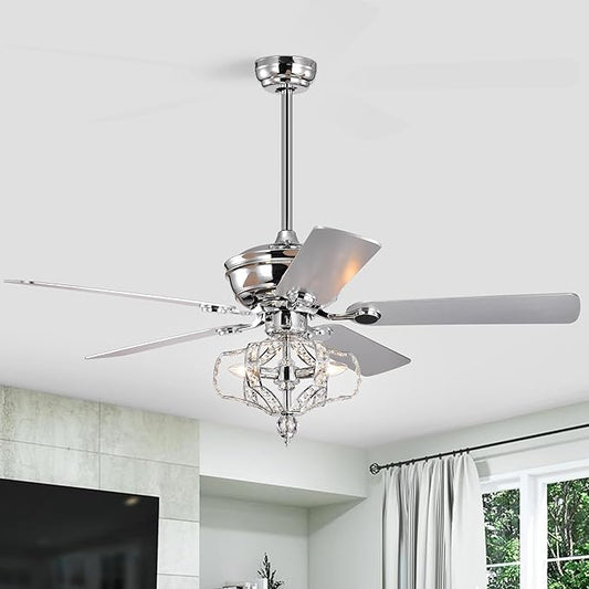 NicBex Ceiling Fan 52 Inch Crystal Ceiling Fan with Lights Ceiling Fans with 5 Blades and Remote Control Ceiling Fan with Lamp Shade for Bedroom, Living Room, Silver