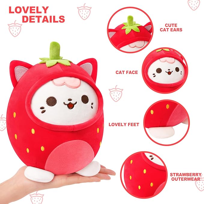 PEACH CAT Strawberry Cat Plush Pillow Cute Strawberry Kitten Stuffed Animal Cat plushie with Strawberry Outerwear for Kids Red 12"