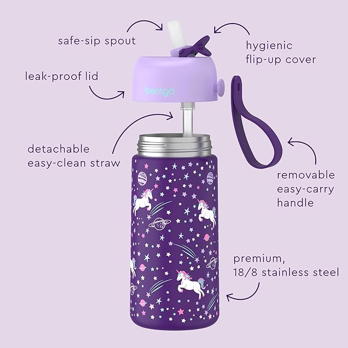 Bentgo® Kids Stainless Steel Insulated Water Bottle - Leak-Proof; Keeps Cool for 12 Hours; Durable, BPA-Free, Dishwasher Safe 14 oz. Cup for Ages 3+ for School/Sports/Daycare (Unicorn)