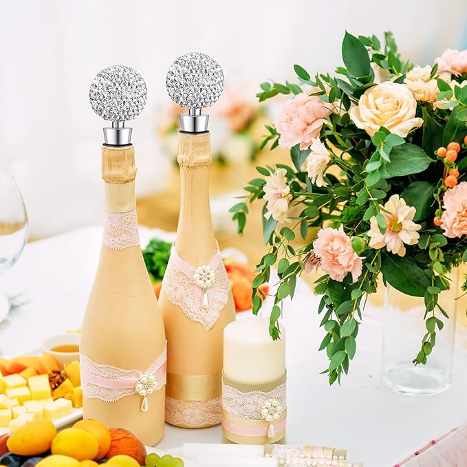 Crystal Wine Bottle Stopper Diamond Wine Stoppers Reusable Zinc Alloy Silicone Beverage Saver Corks Wine Decorative Bottle Stoppers with Sheer Bags for Wedding Bar Gifts(Silver,12 Set)