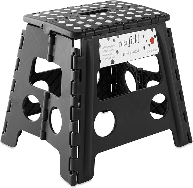 Casafield 13" Folding Step Stool with Handle, Black - Portable Collapsible Small Plastic Foot Stool for Adults - Use in The Kitchen, Bathroom and Bedroom