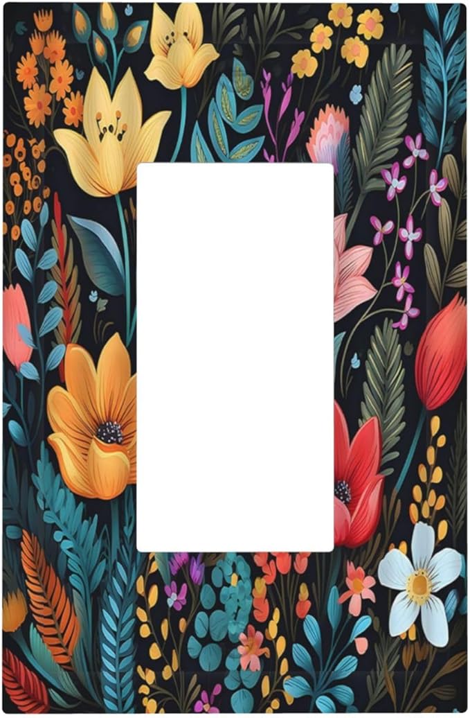 Boho Floral Vintage Flower Leaves Rustic Wildflower Plants 1 Gang Rocker Light Switch Covers Single Decora Outlet Wall Plate Decorative Switchplate Faceplate GFCI for Country Bathroom Bedroom Decor