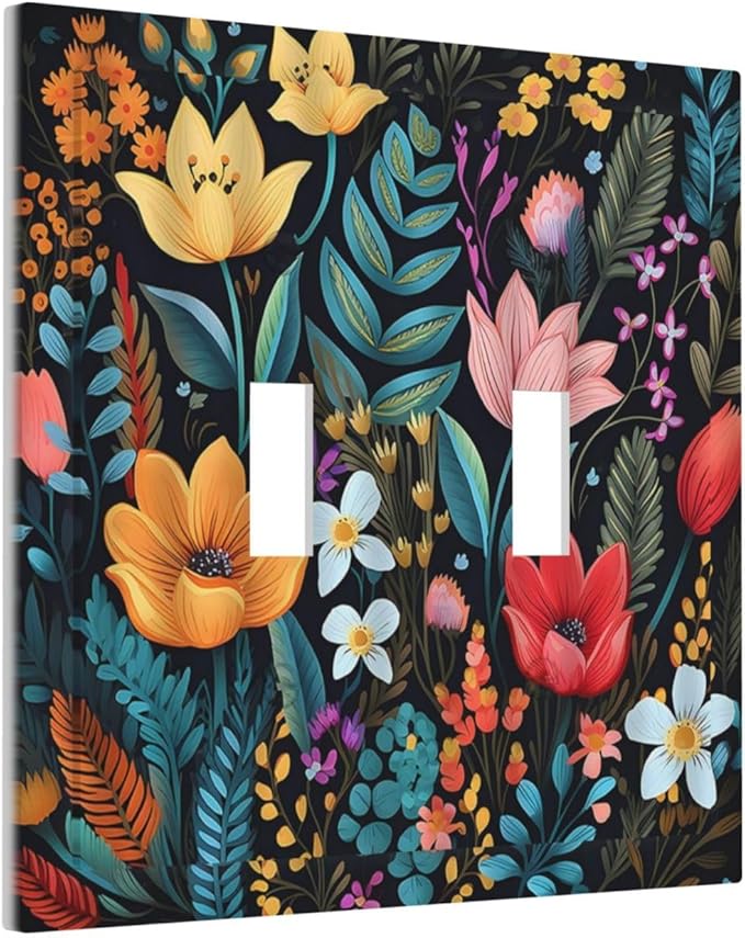 Boho Floral Vintage Flower Leaves Rustic Wildflower Plants Double Toggle Light Switch Covers 2 Gang Wall Plate Dual Decorative Switchplate Electrical Faceplate for Country Bathroom Bedroom Decor
