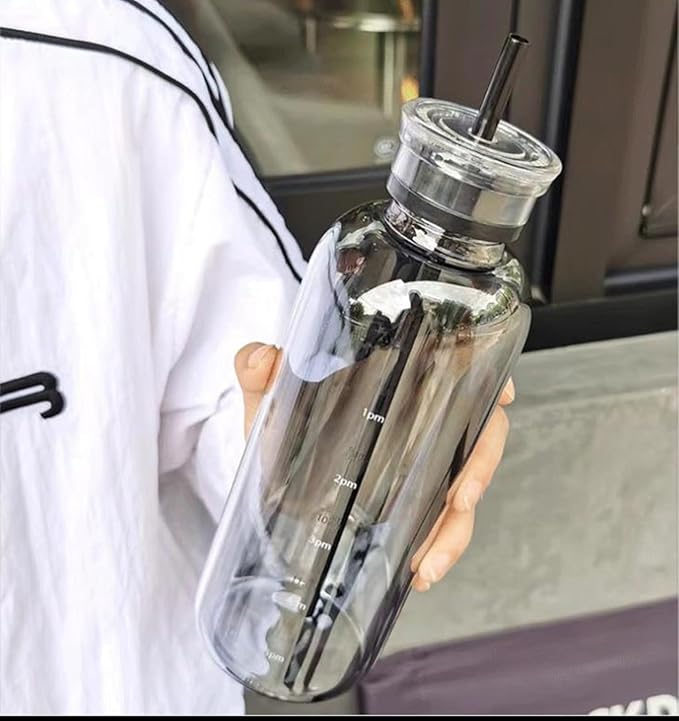 Glass Water Bottles With Double Lid,26OZ Clear Water Bottle With Time Marker,Water Bottle With Straw, Circle Water Bottle For Milk,Juice, Coffee(750ml,Grey)