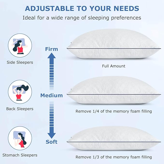 Cooling Bed Pillows Standard Size Set of 2 for Sleeping, Adjustable Shredded Memory Foam Pillows for Side Back Stomach Sleepers - Luxury Gel Pillows hotel pillows with Washable Removable Cover