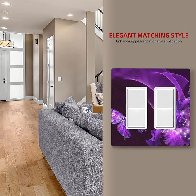 Purple Butterfly Flower Double Rocker Light Switch Wall Plate Cover Decorative 2-Gang for Outlet Girls Room Bathroom Bedroom Home Kitchen Two Decora Receptacle Polycarbonate Power Gear 4.5" x 4.6"