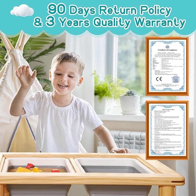 FUNLIO Wooden Sensory Table with 2 Bins for Toddlers 1-5, 4-Level Height Adjustable Kids Sensory Table with Anti-Warping Plywood Lid, Indoor/Outdoor Play Sand and Water Table, CPC Certified