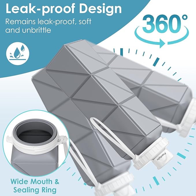 Collapsible Water Bottles,BPA-Free Leak-Proof Silicone Foldable Water Bottle Cup 20.6oz,Durable Lightweight Bottle for Gym Travel Camping Hiking Running (Grey)