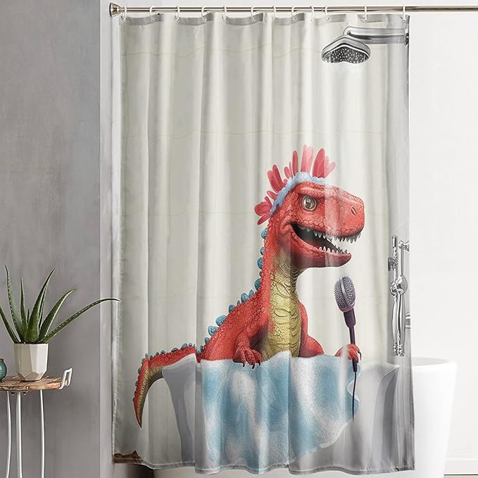 AILONEN Cartoon Dinosaur Shower Curtain for Kids Boys,Funny Singing Dinosaur Waterproof Fabric Shower Curtain for Bathroom,Lovely Red Dinosaur Shower Curtain Set with Hooks,72" W*78" H