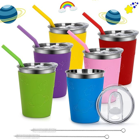 Kids Cups with Rainbow Silicone Sleeves, 12oz Stainless Steel Cups with Lids and Straws, 304 Stainless Steel Travel Tumbler, Spill Proof Toddler Cups for Cold Drinks & Hot Drinks, 6 Pack