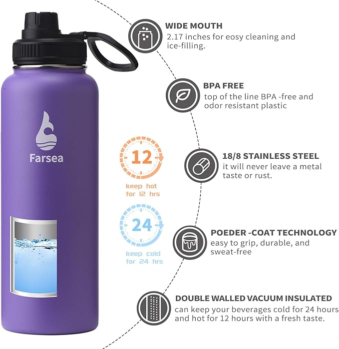 Farsea Insulated Water Bottle With Paracord Handle, Protective Boot and 2 Lids (Straw Lid & Spout Lid), Stainless Steel Water Bottle Wide Mouth, Double Wall Sweat-Proof BPA-Free, 40 oz