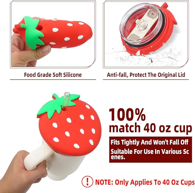 Stanley Cup 40 Oz Lid Anti-scratch Protective Case with Strawberry Design, Silicone Dustproof Lid Toppers for Stanley 40 Oz Tumbler, Stanley Cup Cute Accessories Decorations